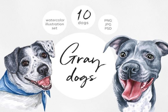Gray Dogs. Watercolor 10 Dogs Set