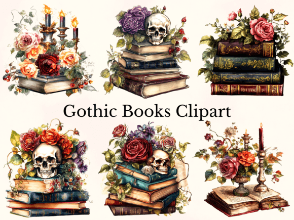 Watercolor Gothic Books Clipart